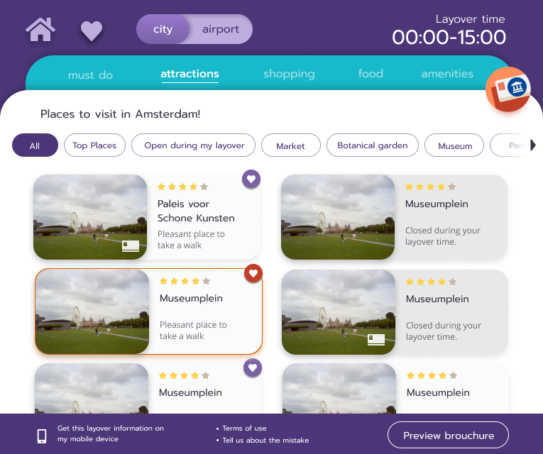 Layover Guru places browser showing attractions in Amsterdam with filters